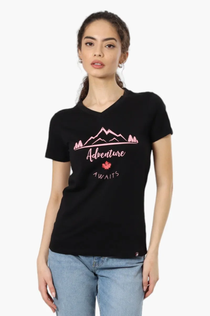Canada Weather Gear Adventure Awaits V-Neck Tee - Black sold by Fairweather