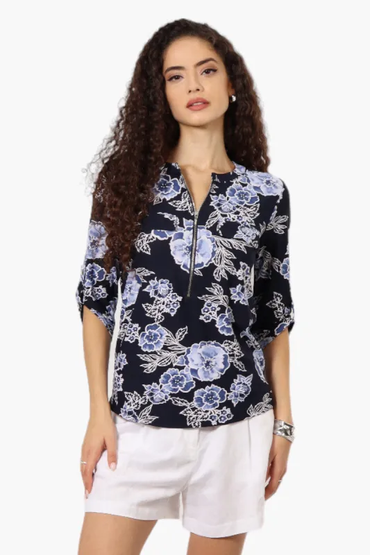 Beechers Brook Floral Half Zip Roll Up Sleeve Shirt - Navy sold by Fairweather