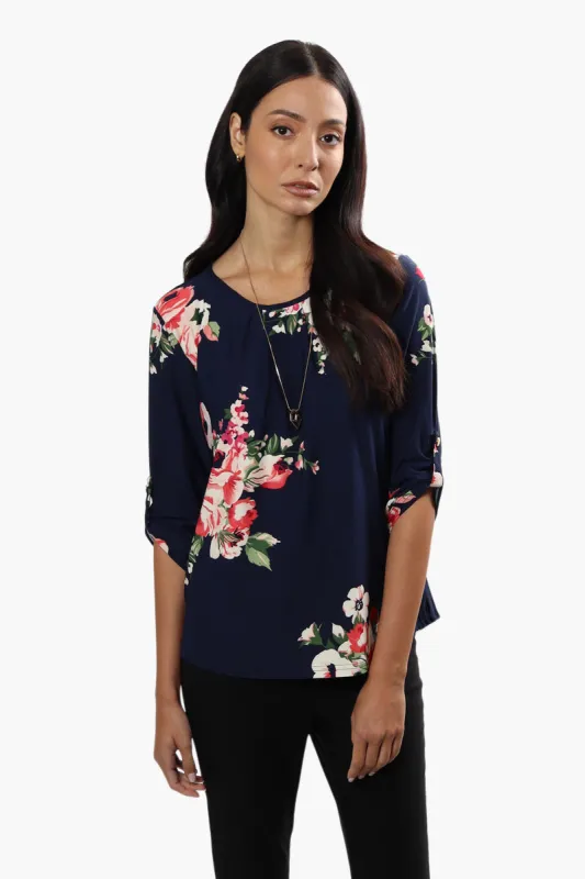 International INC Company Floral Roll Up Sleeve Blouse - Navy sold by Fairweather