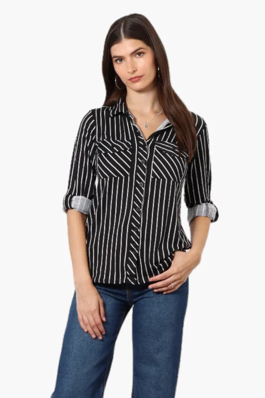 Urbanology Striped Roll Up Sleeve Button Up Shirt - Black sold by Fairweather