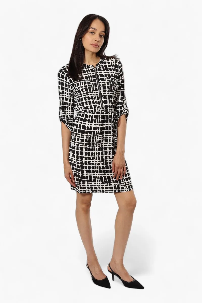 Beechers Brook Patterned Roll Up Sleeve Day Dress - Black sold by Fairweather