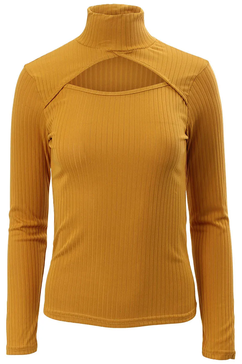 Majora Ribbed Cut Out Front Long Sleeve Top - Yellow sold by Fairweather