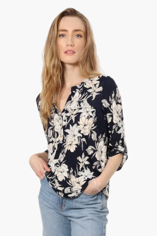 Beechers Brook Floral Front Pocket Henley Shirt - Navy sold by Fairweather