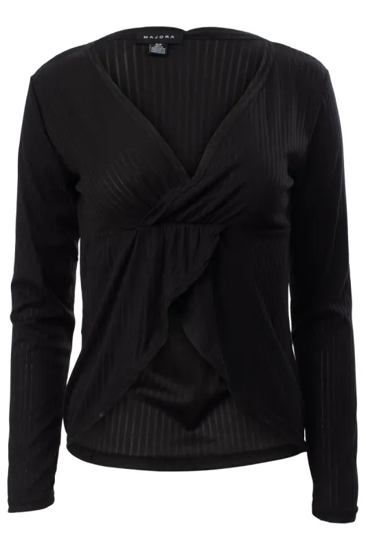 Solid Ribbed Crossover Long Sleeve Top - Black sold by Fairweather