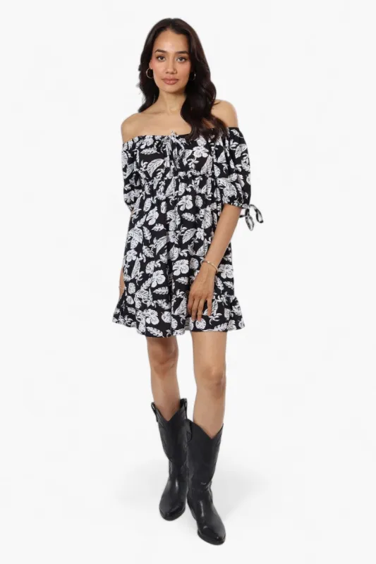 Beechers Brook Leaf Pattern Off Shoulder Tie Sleeve Day Dress - Black made by Fairweather