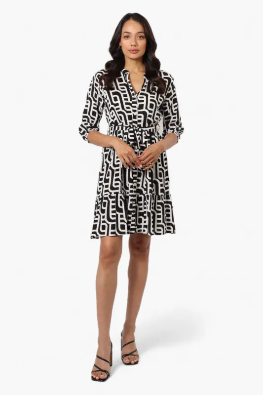 Beechers Brook Belted Patterned Button Down Day Dress - Black sold by Fairweather
