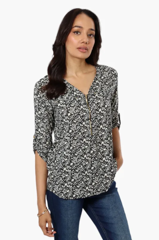 International INC Company Floral Roll Up Sleeve Blouse - Black sold by Fairweather