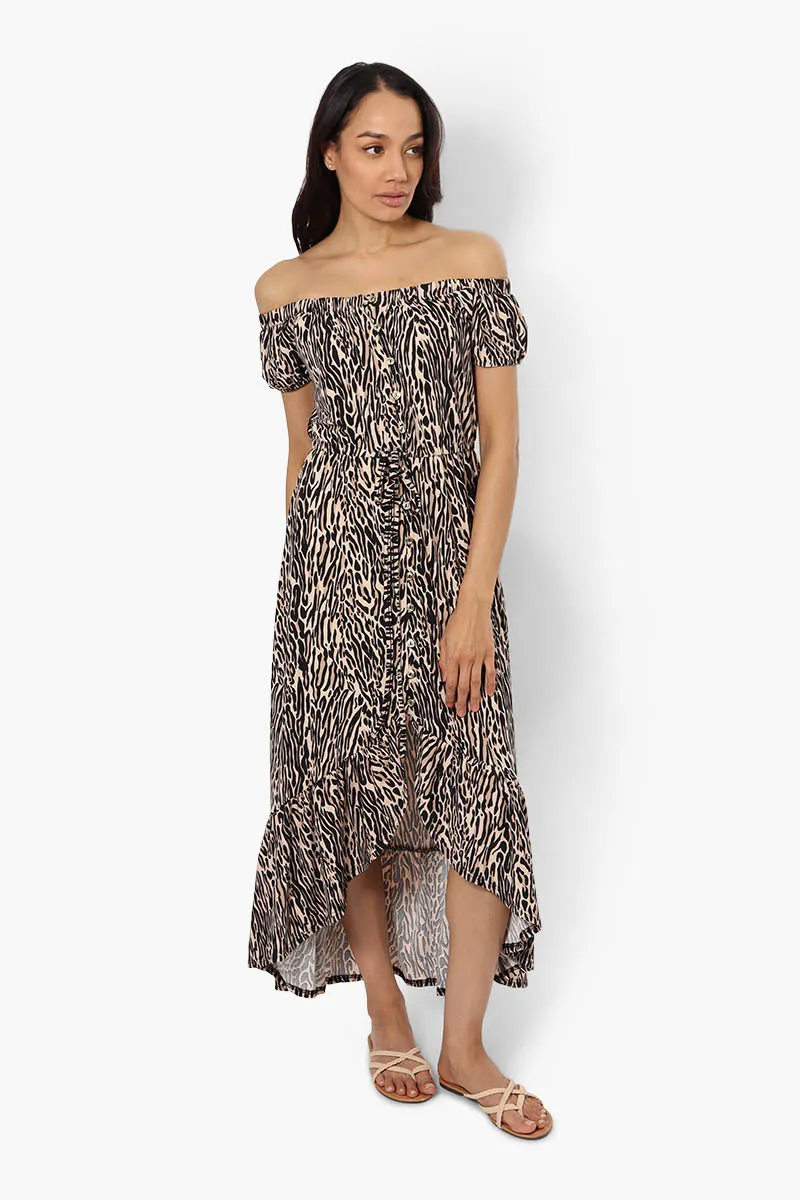 Limite Leopard Print Off Shoulder Maxi Dress - Beige sold by Fairweather