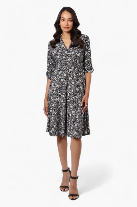 Beechers Brook Floral Crossover Button Up Sleeve Day Dress - Black sold by Fairweather