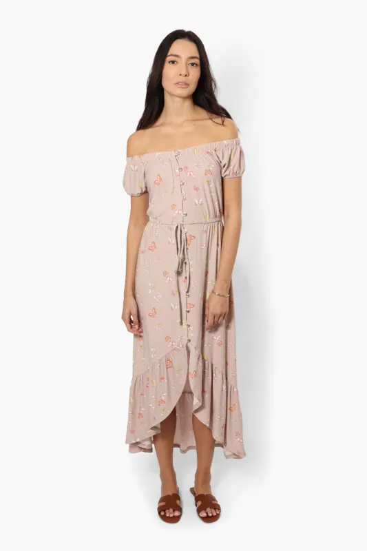 Limite Butterfly Off Shoulder Maxi Dress - Beige sold by Fairweather