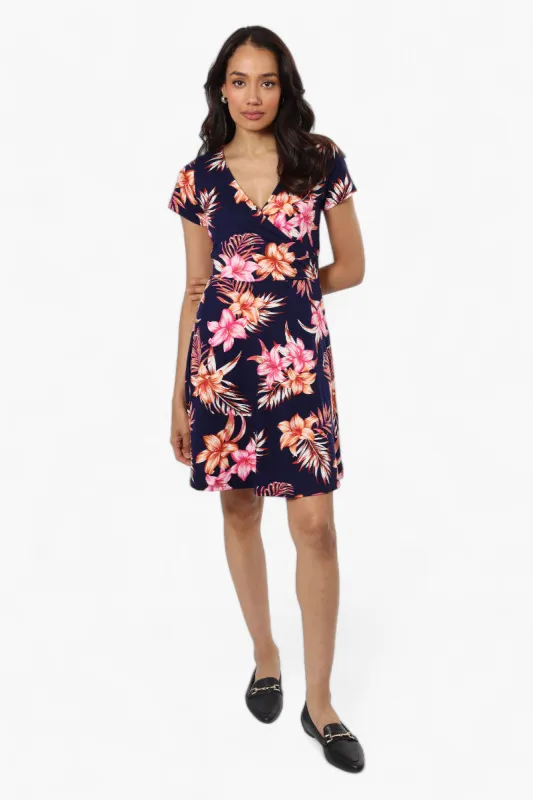 International INC Company Floral Belted Crossover Day Dress - Navy sold by Fairweather