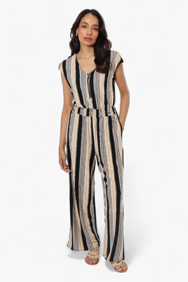 Majora Striped Front Zip Cinched Waist Jumpsuit - Beige sold by Fairweather