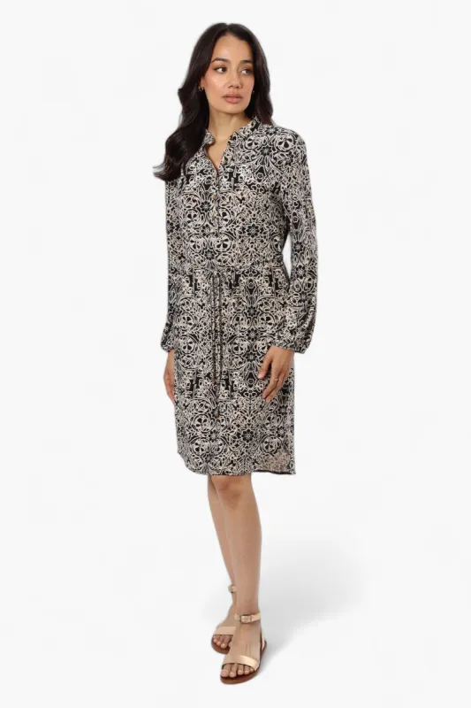Beechers Brook Patterned Long Sleeve Henley Day Dress - Beige sold by Fairweather