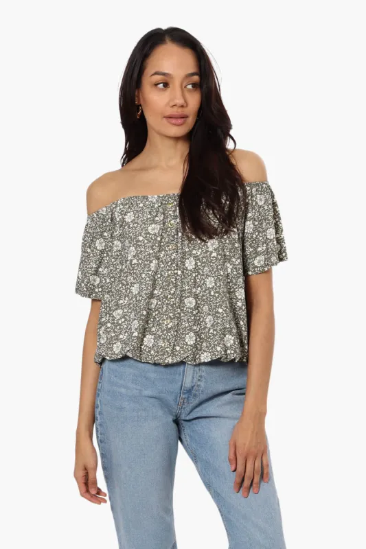 International INC Company Floral Placket Off Shoulder Blouse - Olive sold by Fairweather
