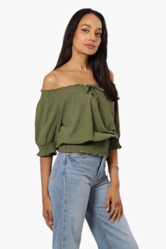 Urbanology Off Shoulder Tie Front Smock Blouse - Olive sold by Fairweather