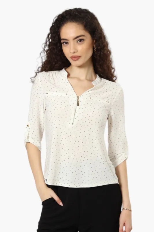 Beechers Brook Polka Dot 1/4 Zip Roll Up Sleeve Shirt - Cream sold by Fairweather