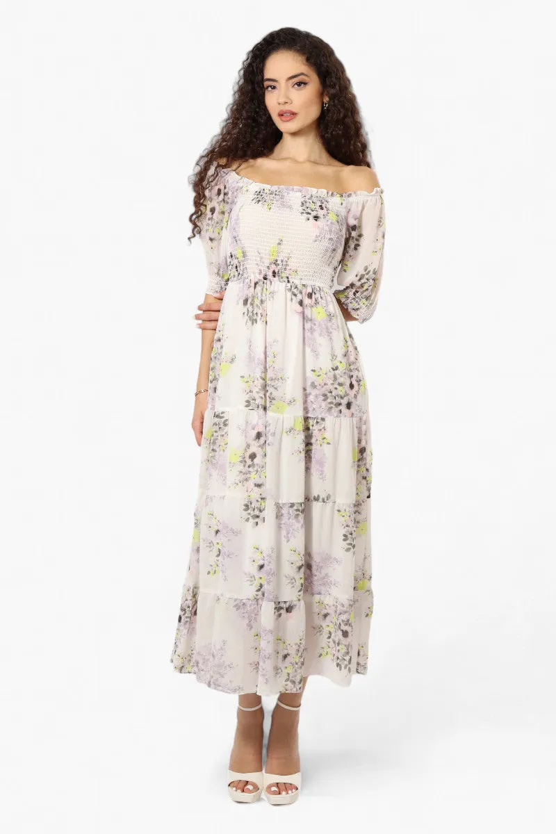 Limite Floral Tiered Puff Sleeve Maxi Dress - White sold by Fairweather