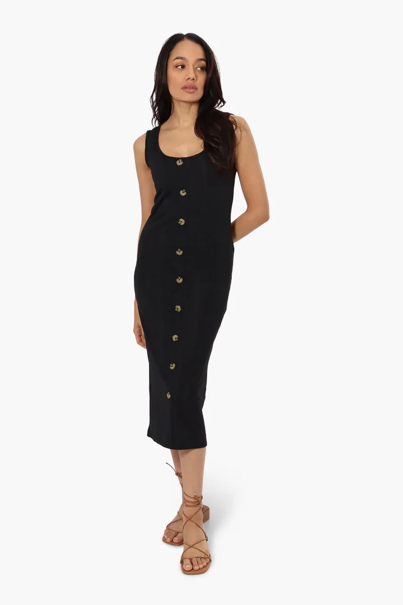Magazine Front Button Ribbed Midi Dress - Black sold by Fairweather