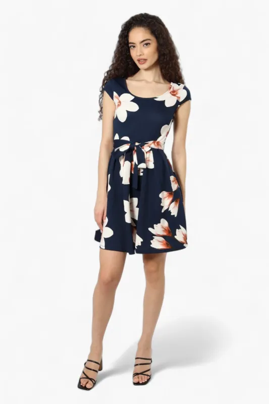 Limite Belted Floral Cap Sleeve Day Dress - Navy sold by Fairweather