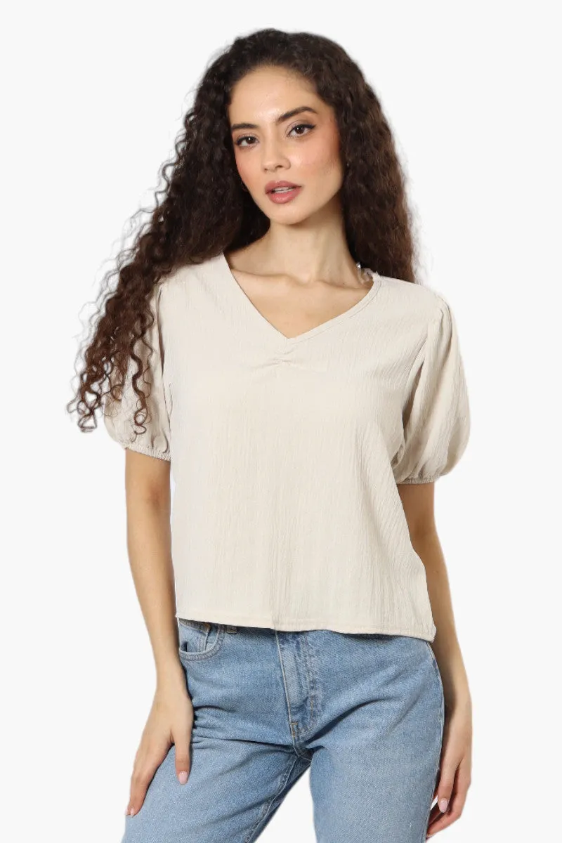 Magazine V-Neck Bell Sleeve Blouse - Stone sold by Fairweather