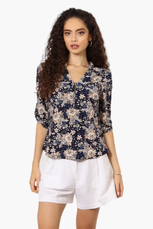 Beechers Brook Floral Roll Up Sleeve Blouse - Navy sold by Fairweather
