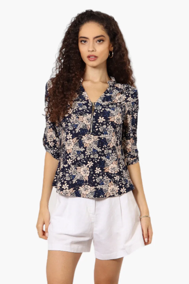 Beechers Brook Floral Roll Up Sleeve Blouse - Navy sold by Fairweather