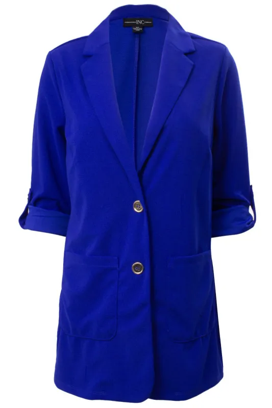 Solid Roll Up Sleeve Padded Shoulder Blazer - Blue sold by Fairweather