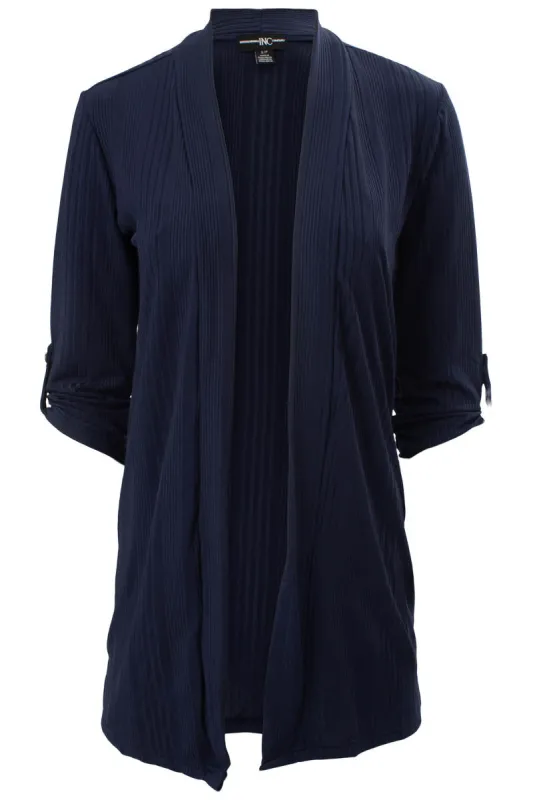Solid Ribbed Roll Up Sleeve Open Cardigan - Navy sold by Fairweather