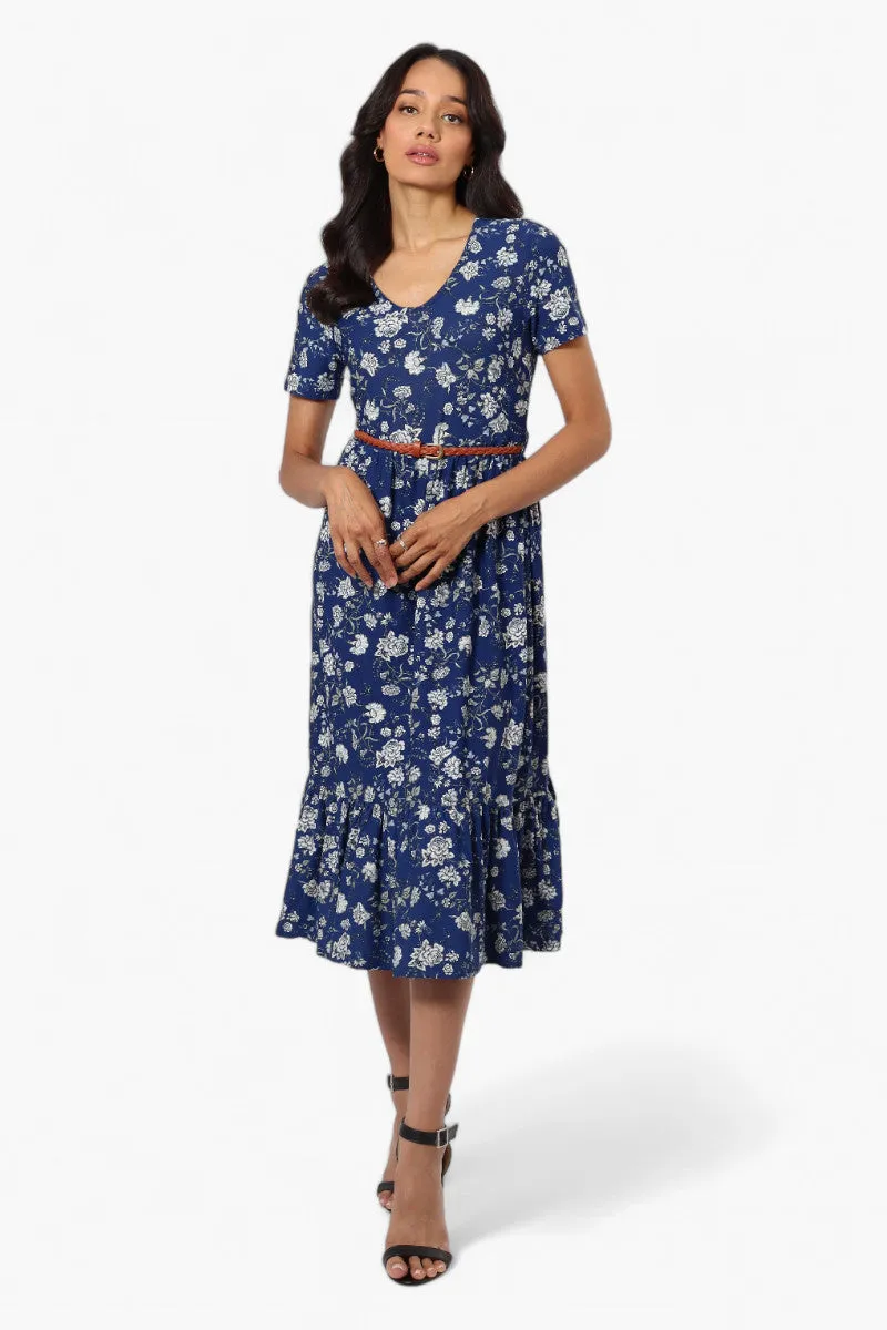 International INC Company Floral Belted Short Sleeve Maxi Dress - Blue sold by Fairweather