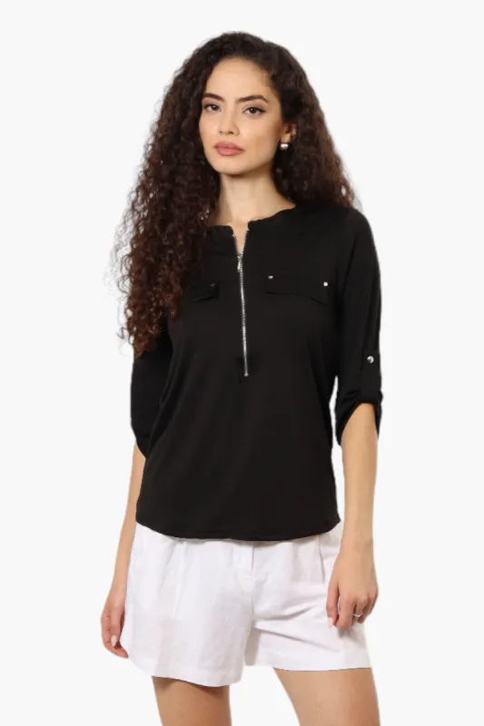 Beechers Brook Solid Half Zip Roll Up Sleeve Shirt - Black sold by Fairweather