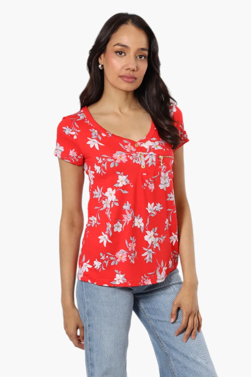 Majora Floral Cap Sleeve Henley Tee - Red sold by Fairweather