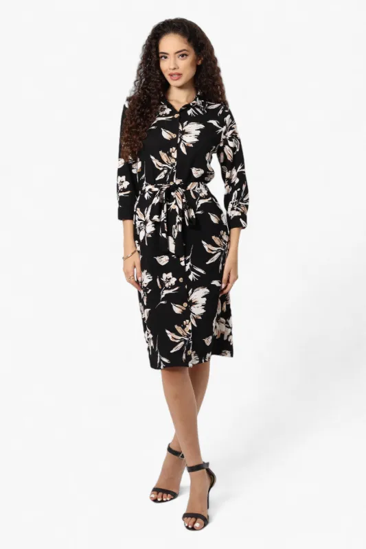 Impress Floral Belted Button Down Day Dress - Black sold by Fairweather