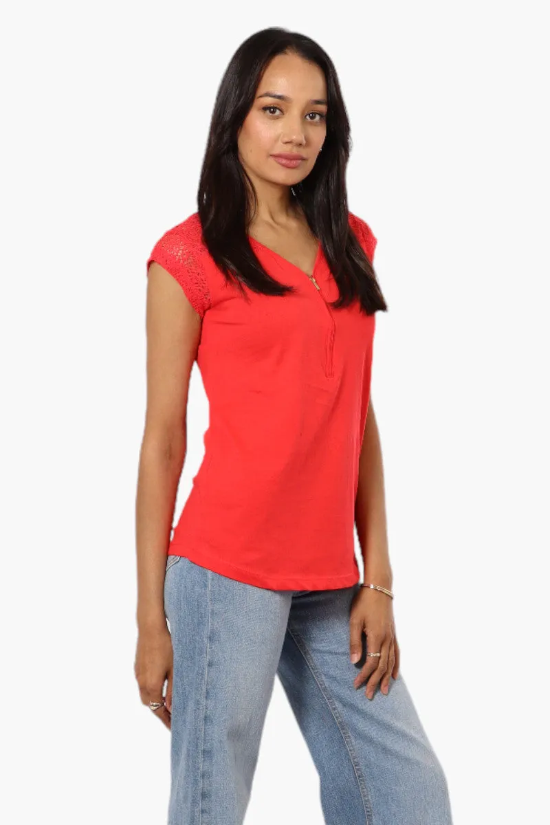 Majora Half Zip Lace Shoulder Tee - Red sold by Fairweather