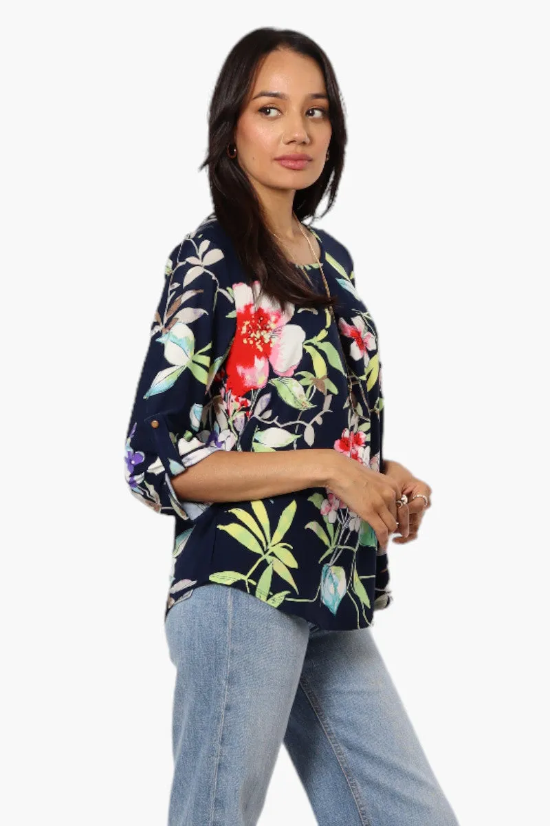 Beechers Brook Floral Roll Up Sleeve Necklace Blouse - Navy sold by Fairweather