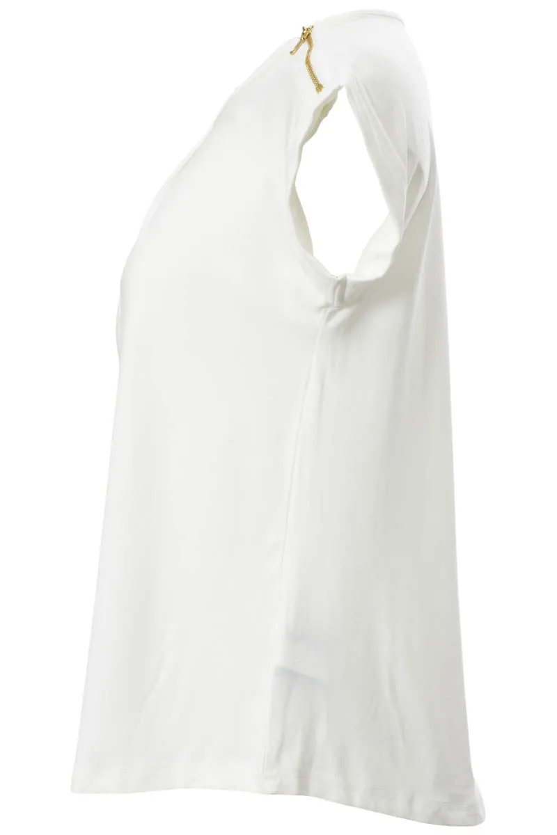 Solid Zip Shoulder Cap Sleeve Tee - White sold by Fairweather product image thumbnail 2