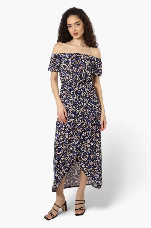 Beechers Brook Patterned Off Shoulder Flounce Maxi Dress - Black sold by Fairweather