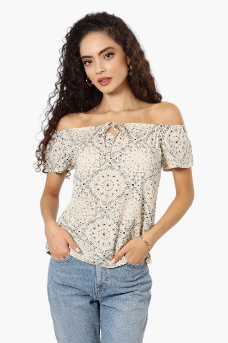 Majora Patterned Off Shoulder Flutter Blouse - Beige sold by Fairweather