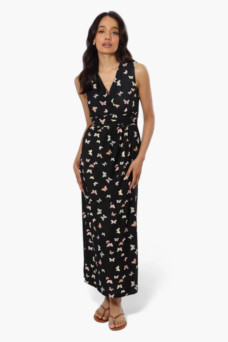 Beechers Brook Butterfly Pattern Belted Crossover Maxi Dress - Black sold by Fairweather