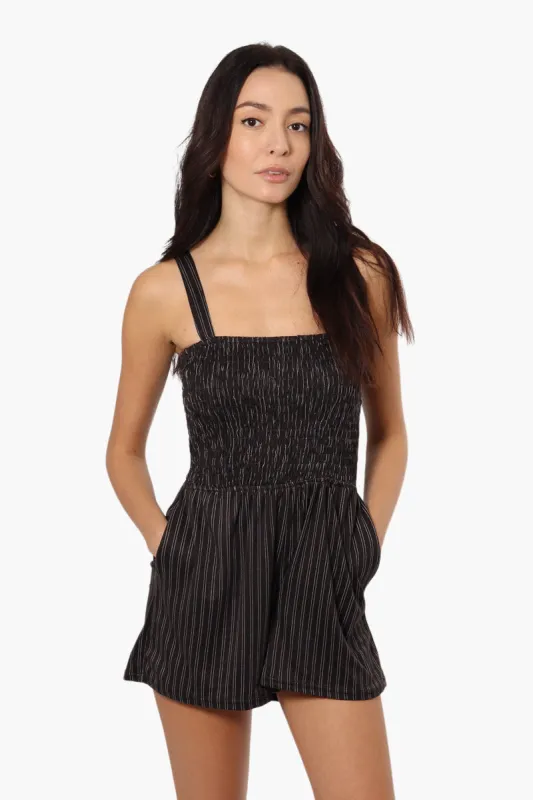 Magazine Striped Smocked Top Romper - Black sold by Fairweather