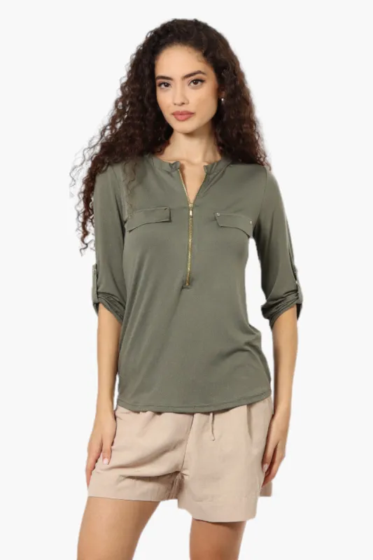 Beechers Brook Solid Half Zip Roll Up Sleeve Shirt - Olive sold by Fairweather