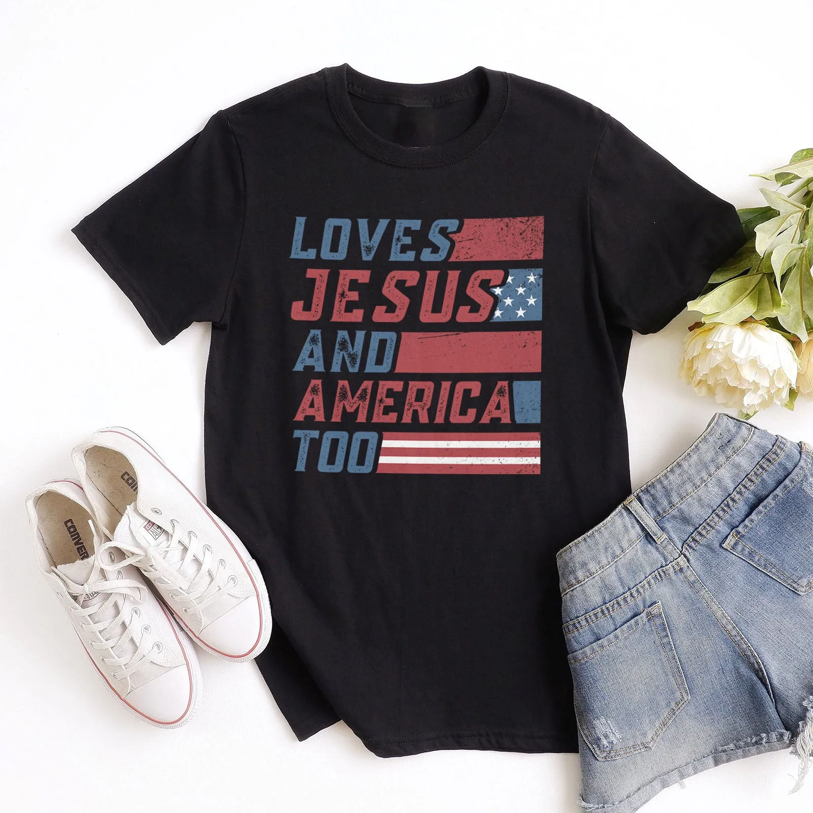She Loves Jesus and America Tee sold by Faithful and Co.