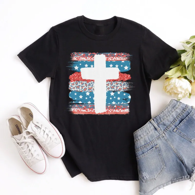 Patriotic Paint Swipe Cross Tee sold by Faithful and Co.