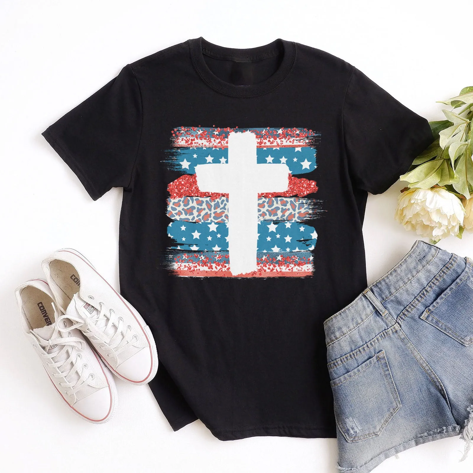 Patriotic Paint Swipe Cross Tee sold by Faithful and Co.