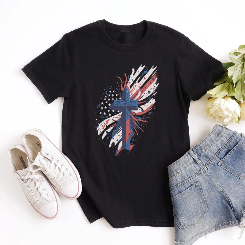 Red, White and Blue Patriot Cross Tee sold by Faithful and Co.