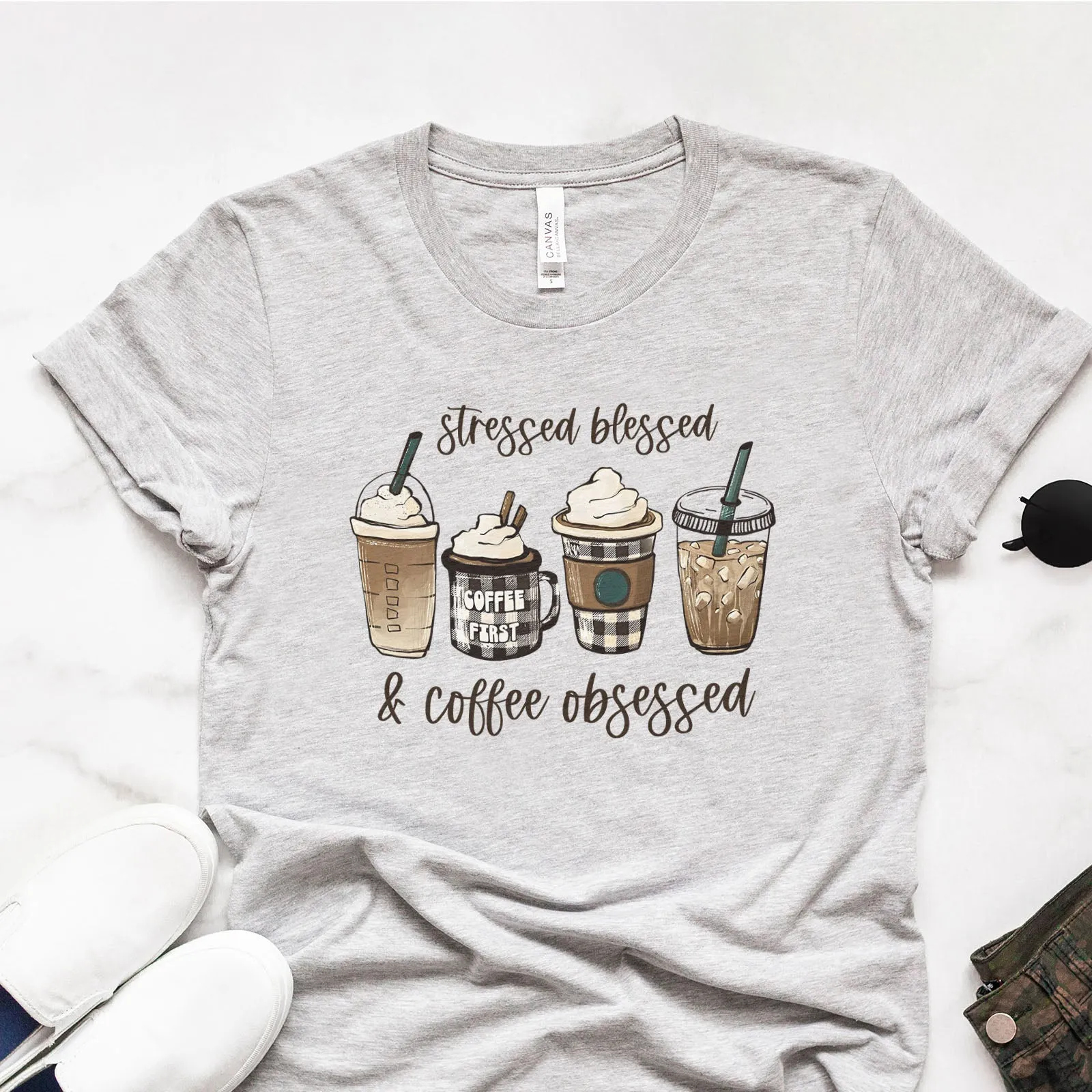 Stressed Blessed and Coffee Obsessed Tee sold by Faithful and Co.