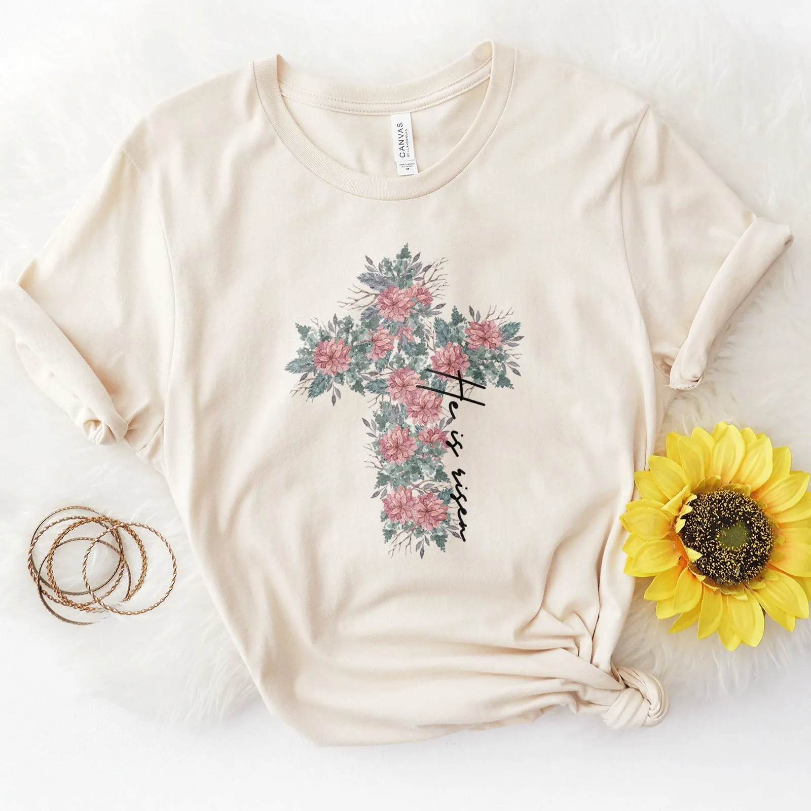 He is Risen Floral Cross Tee sold by Faithful and Co.