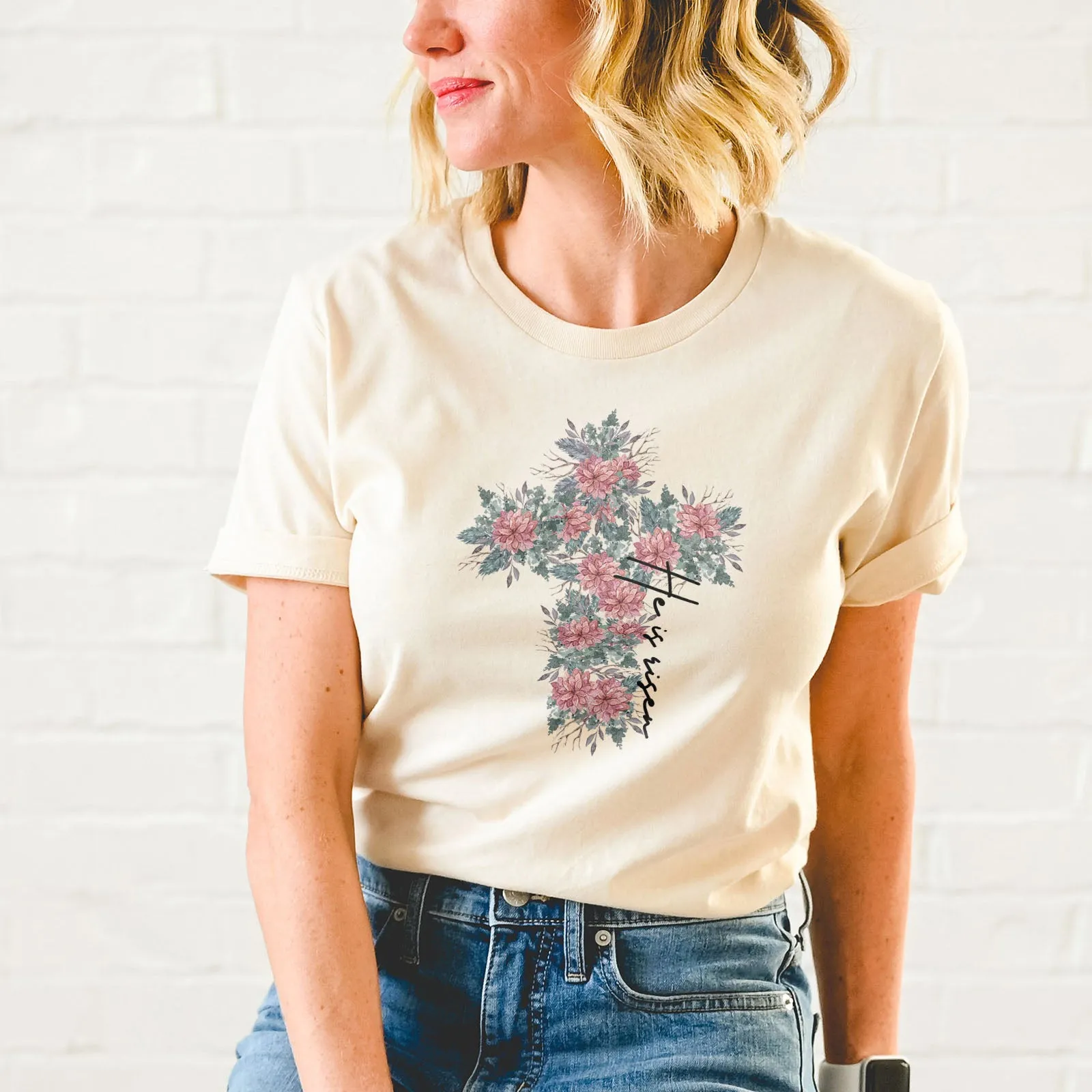He is Risen Floral Cross Tee sold by Faithful and Co. product image thumbnail 3