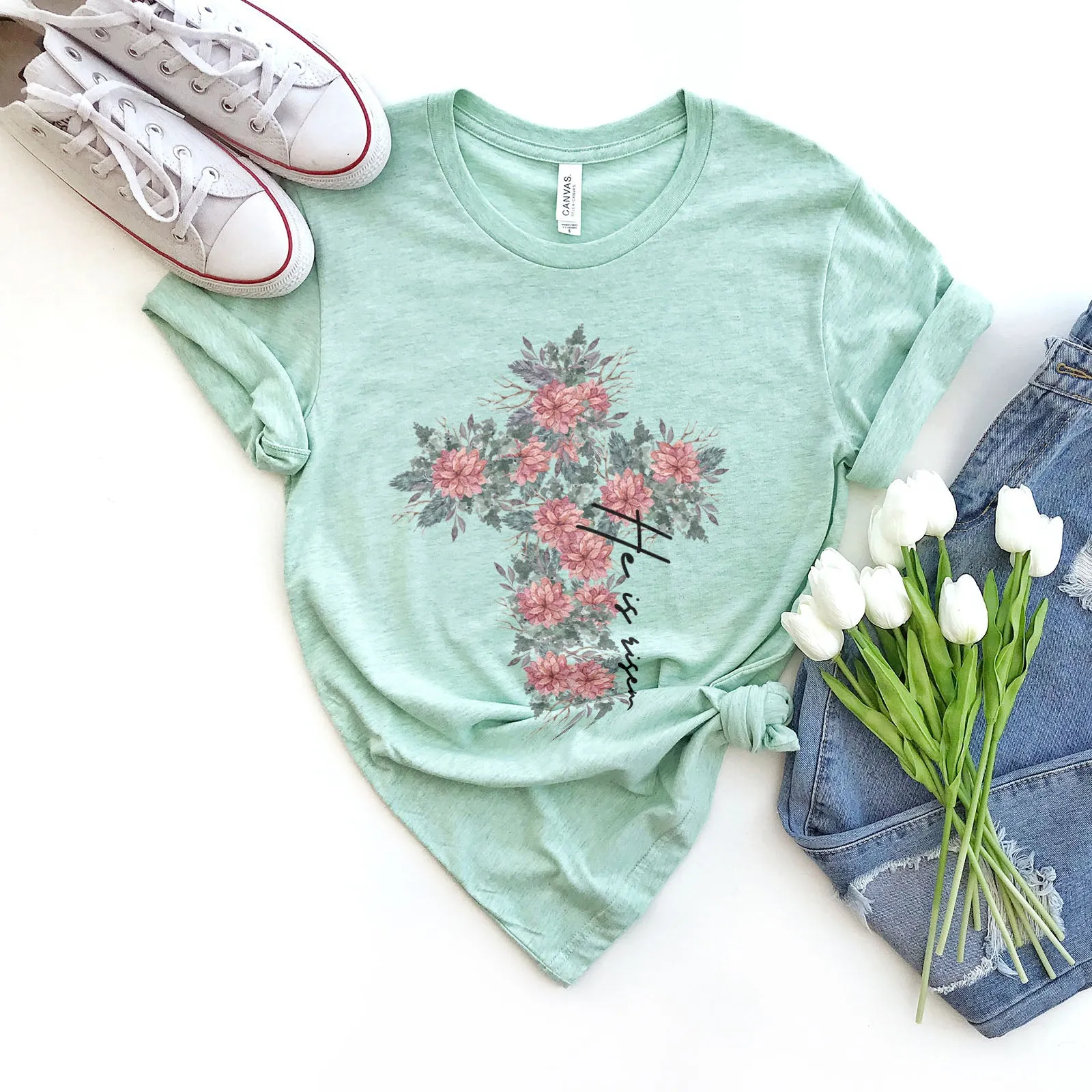 He is Risen Floral Cross Tee sold by Faithful and Co. product image thumbnail 4