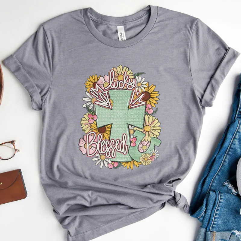 I'm Not Lucky I'm Blessed Floral Cross Tee sold by Faithful and Co.