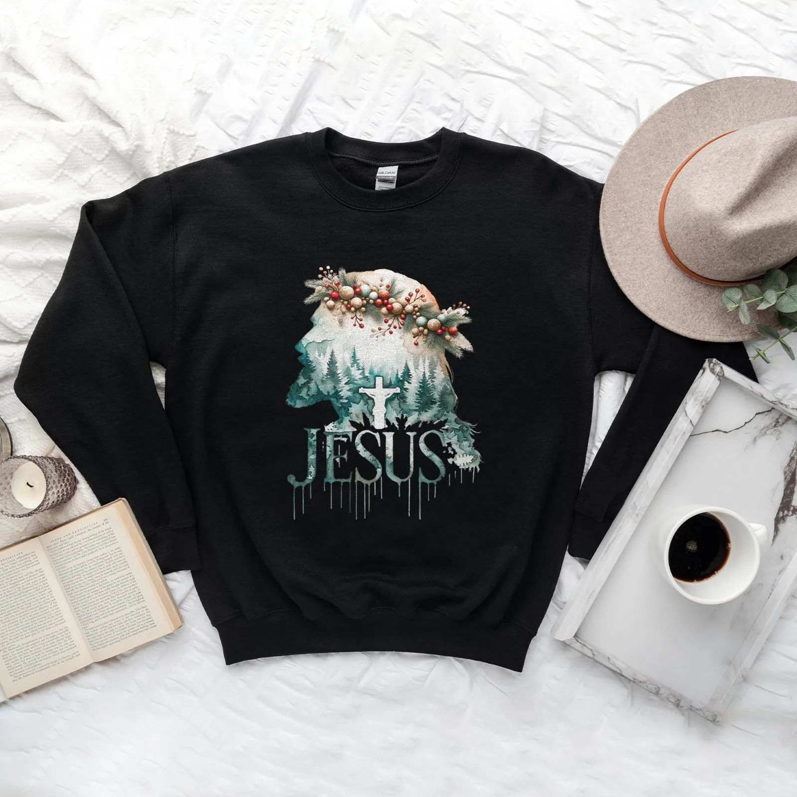 Christmas Jesus Watercolor Sweatshirt sold by Faithful and Co.